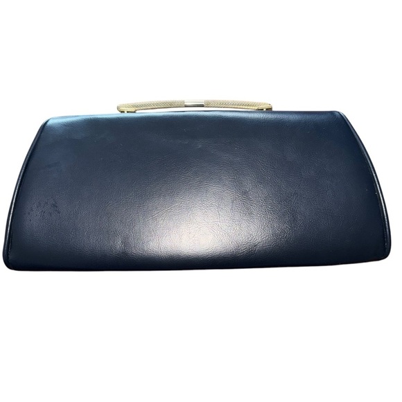Vintage 50’s-60’s Navy Blue Trapezoid Dorris Day Clutch With Gold Hardware - Picture 2 of 8